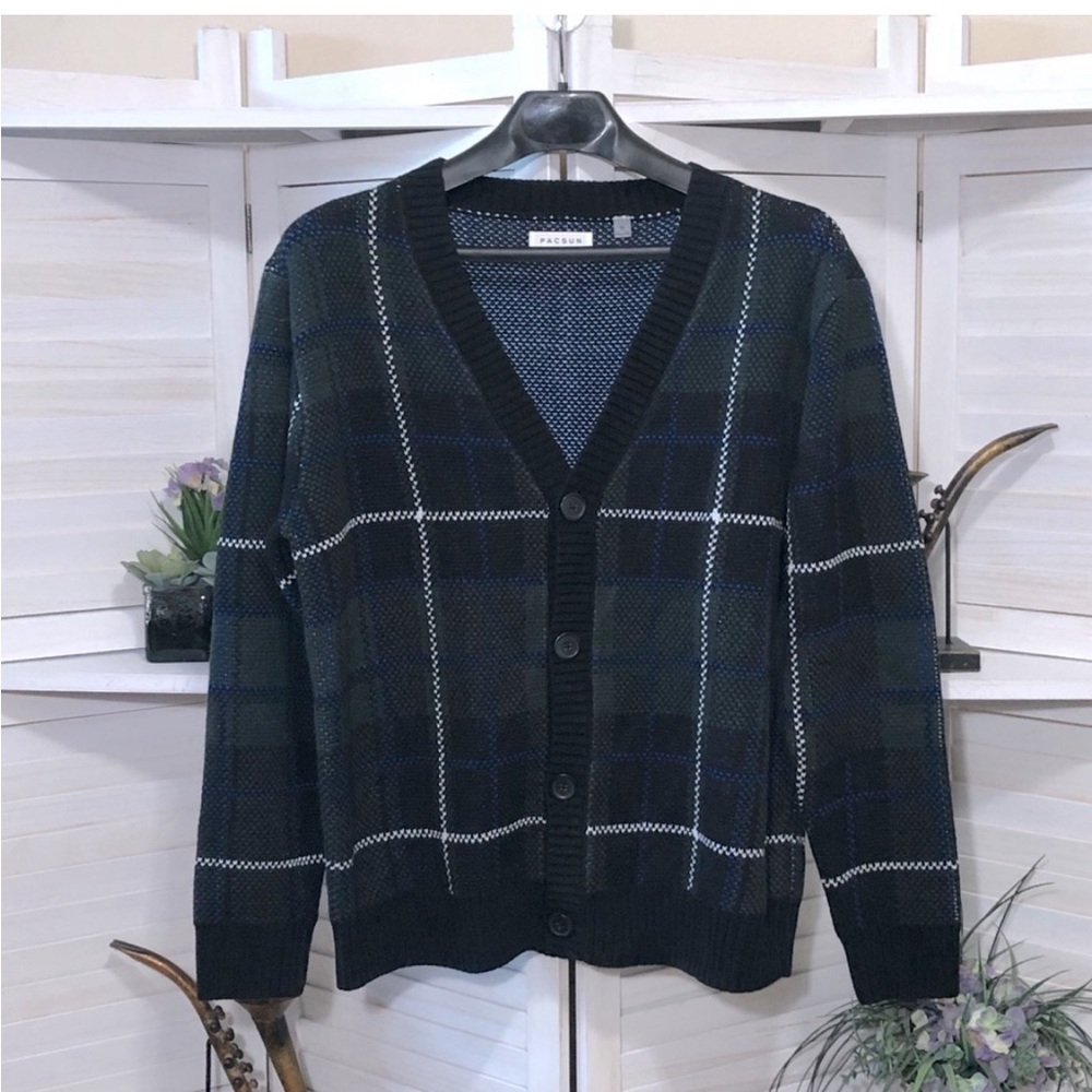 Pacsun checkered plaid blue green black white oversized vintage style cardigan M